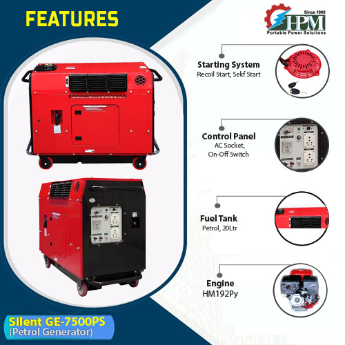 7 KVA  Super Silent Portable Petrol Generator, Petrol Run, Recoil & Self Start Model Silent GE-7500PS
